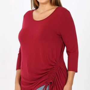 New Zenana Premium Adjustable Side-Ruch Shirred Round Neck Cabernet Red Top 3X